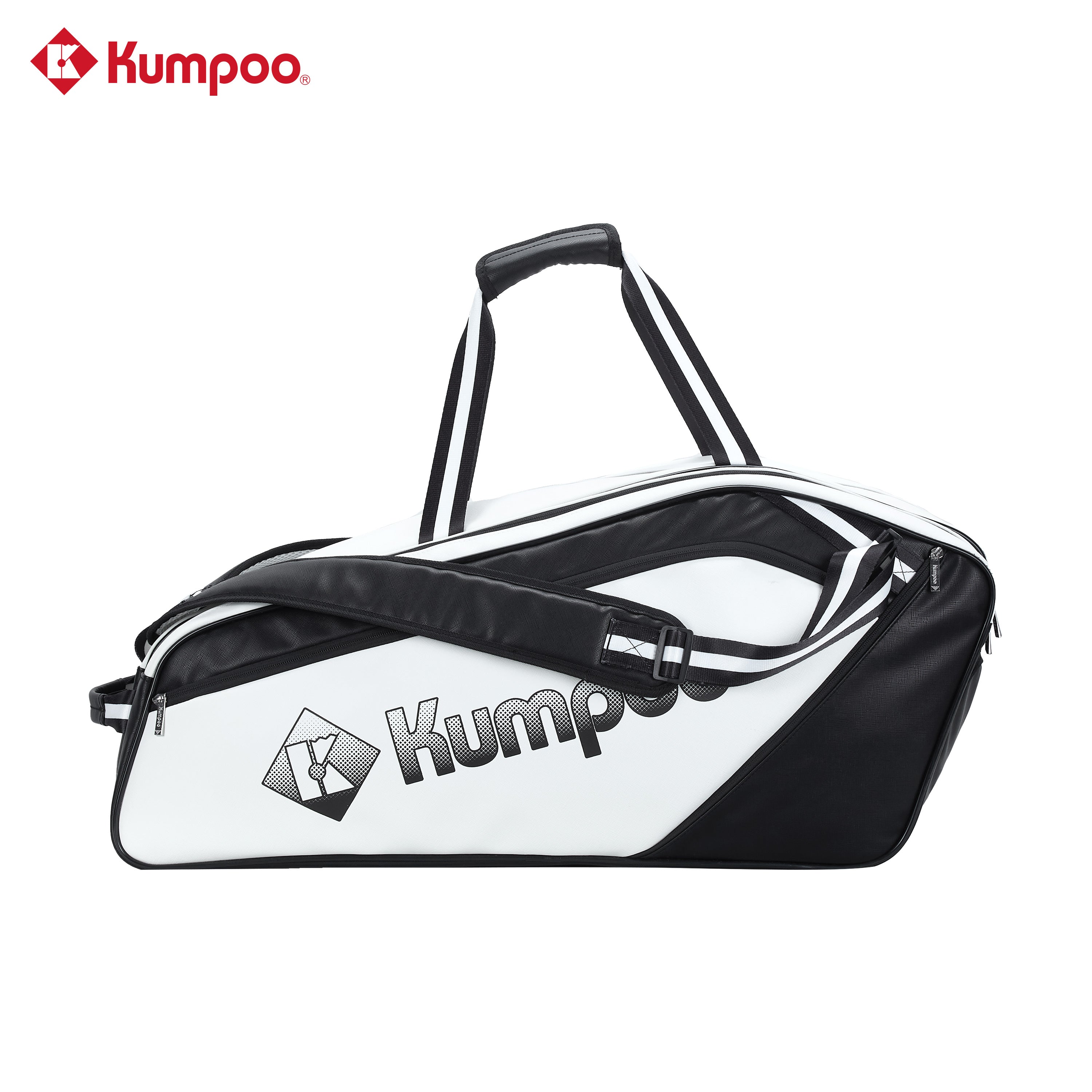 Kumpoo KB-691 badminton bag with multiple compartments, black and red design, and adjustable shoulder straps.