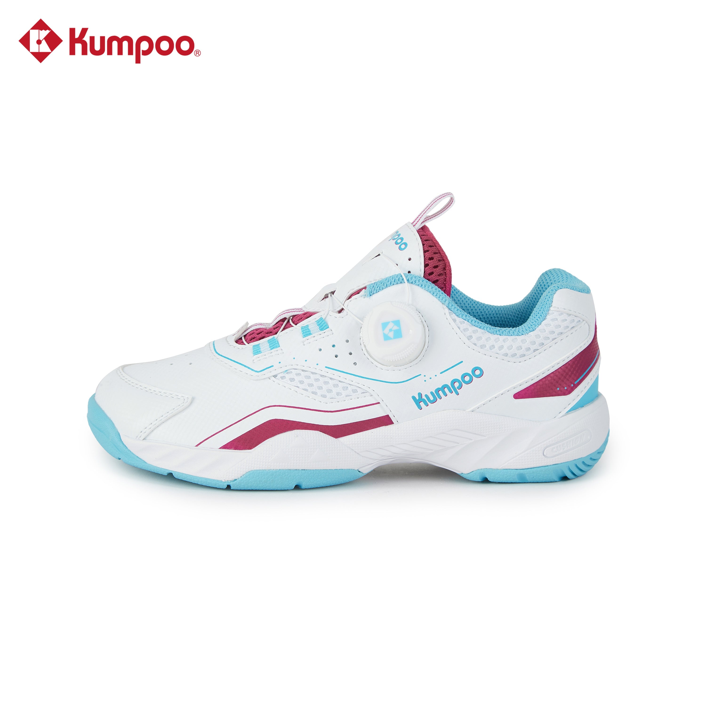 Kumpoo KHS-J10 Junior badminton shoes with white and blue design, featuring non-slip soles and supportive cushioning.