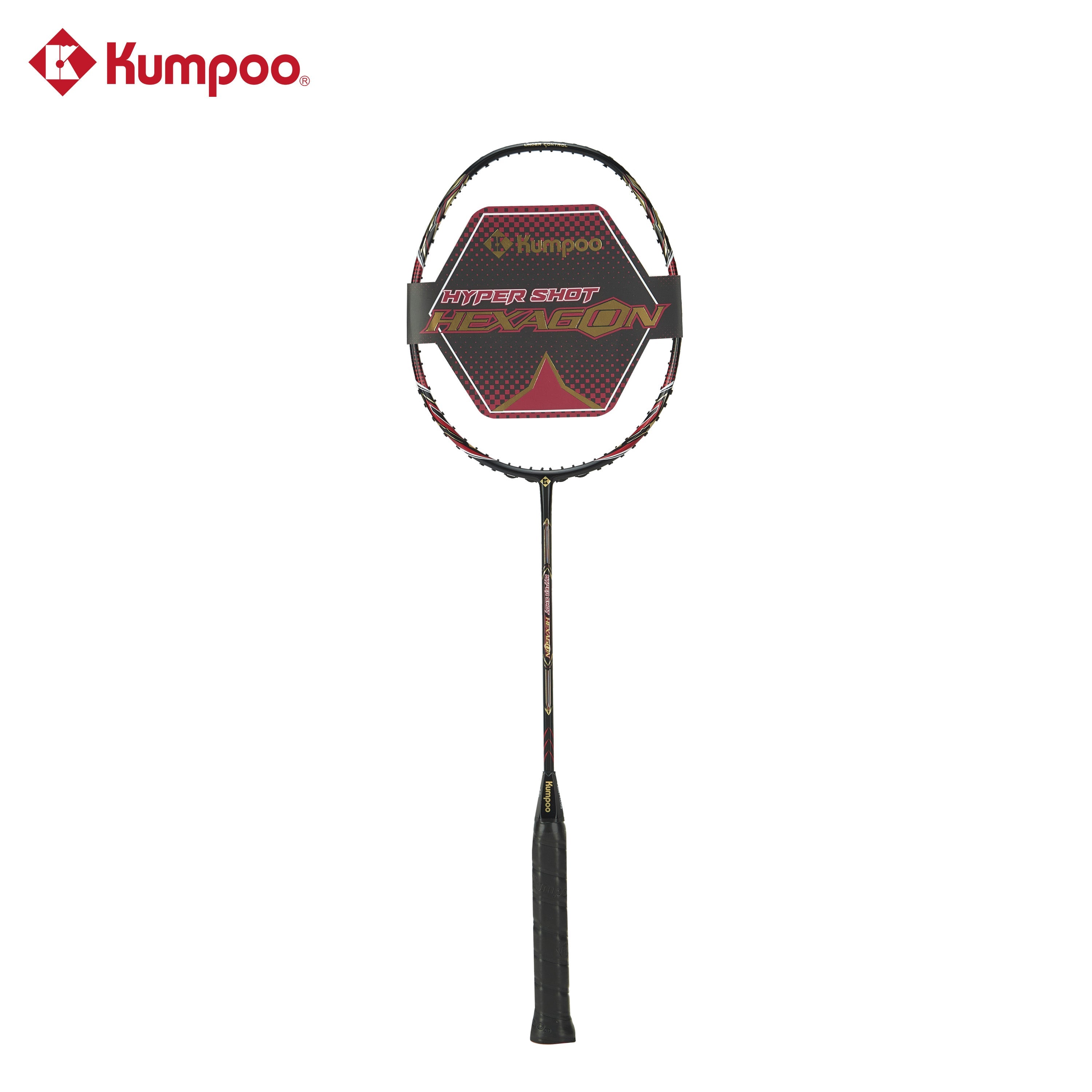 Kumpoo Hyper Shot Hexagon unstrung badminton racket with hexagonal frame design and lightweight construction.