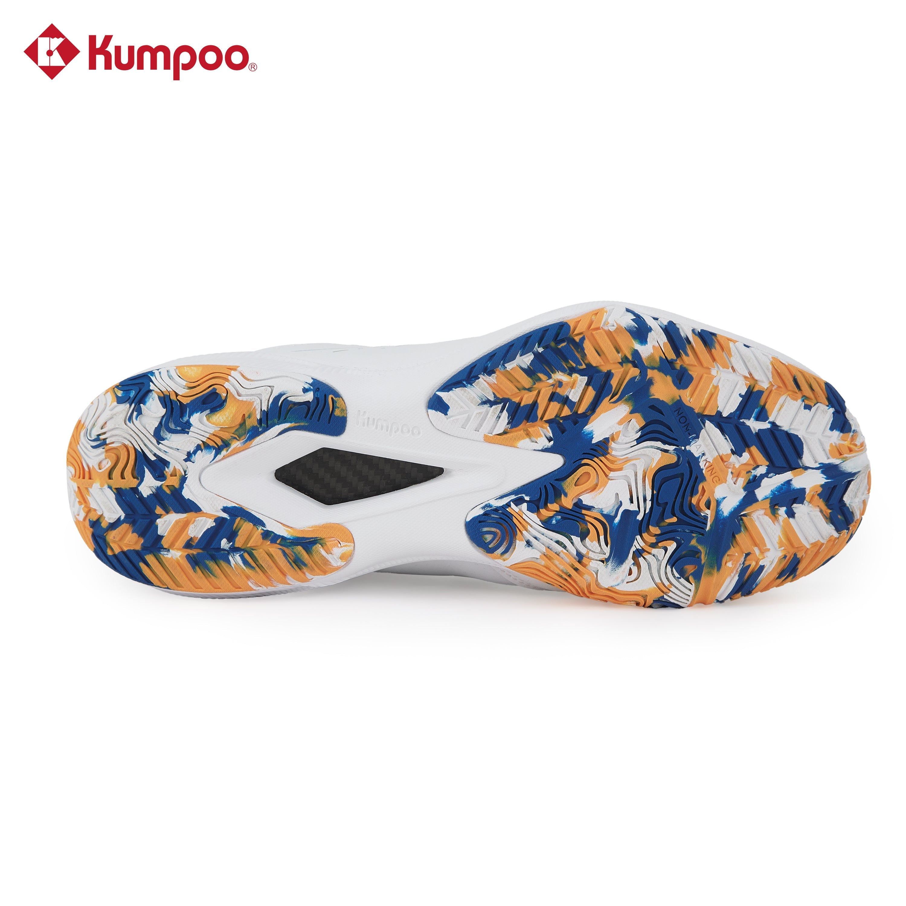 Kumpoo KH-E317 badminton shoes with white and blue design, featuring cushioned soles and supportive athletic footwear for court play.