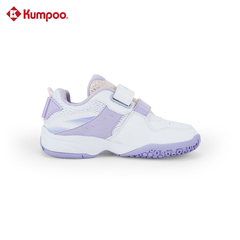 Kumpoo KHS-J20 Junior badminton shoes in white and blue with non-slip soles, designed for young players' comfort and support.