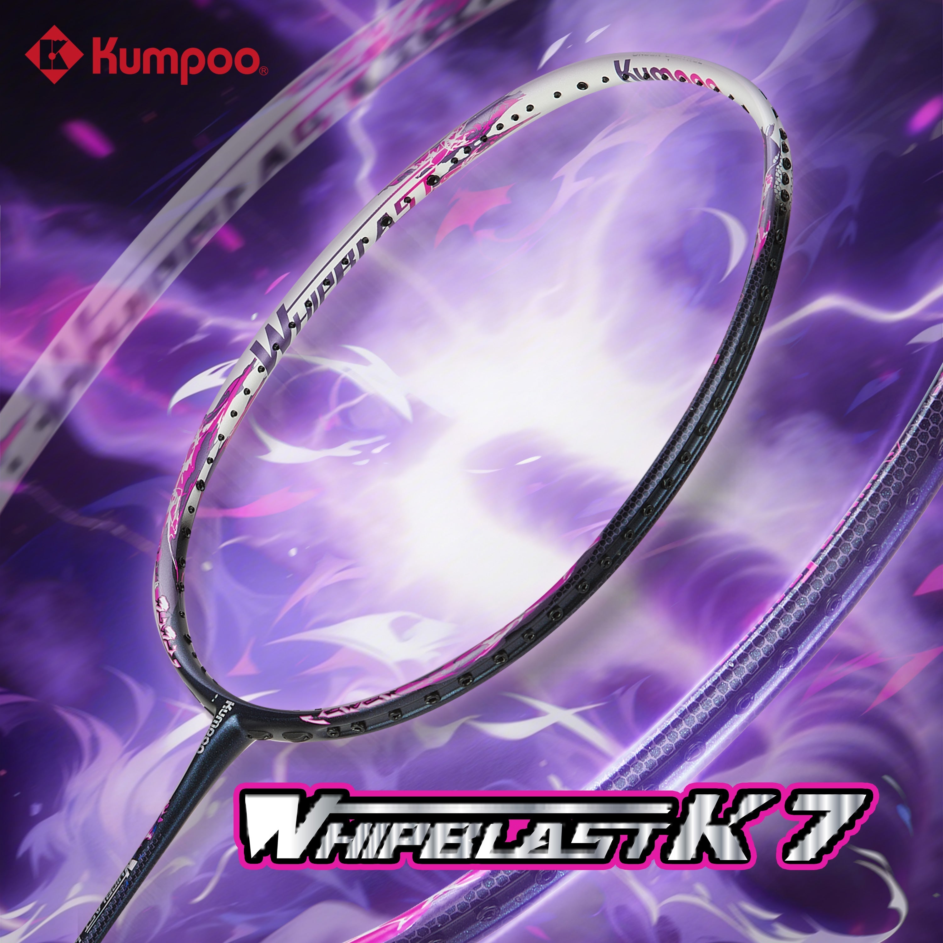 Kumpoo Whipblast K7 unstrung badminton racket with lightweight frame and ergonomic grip, designed for competitive play.