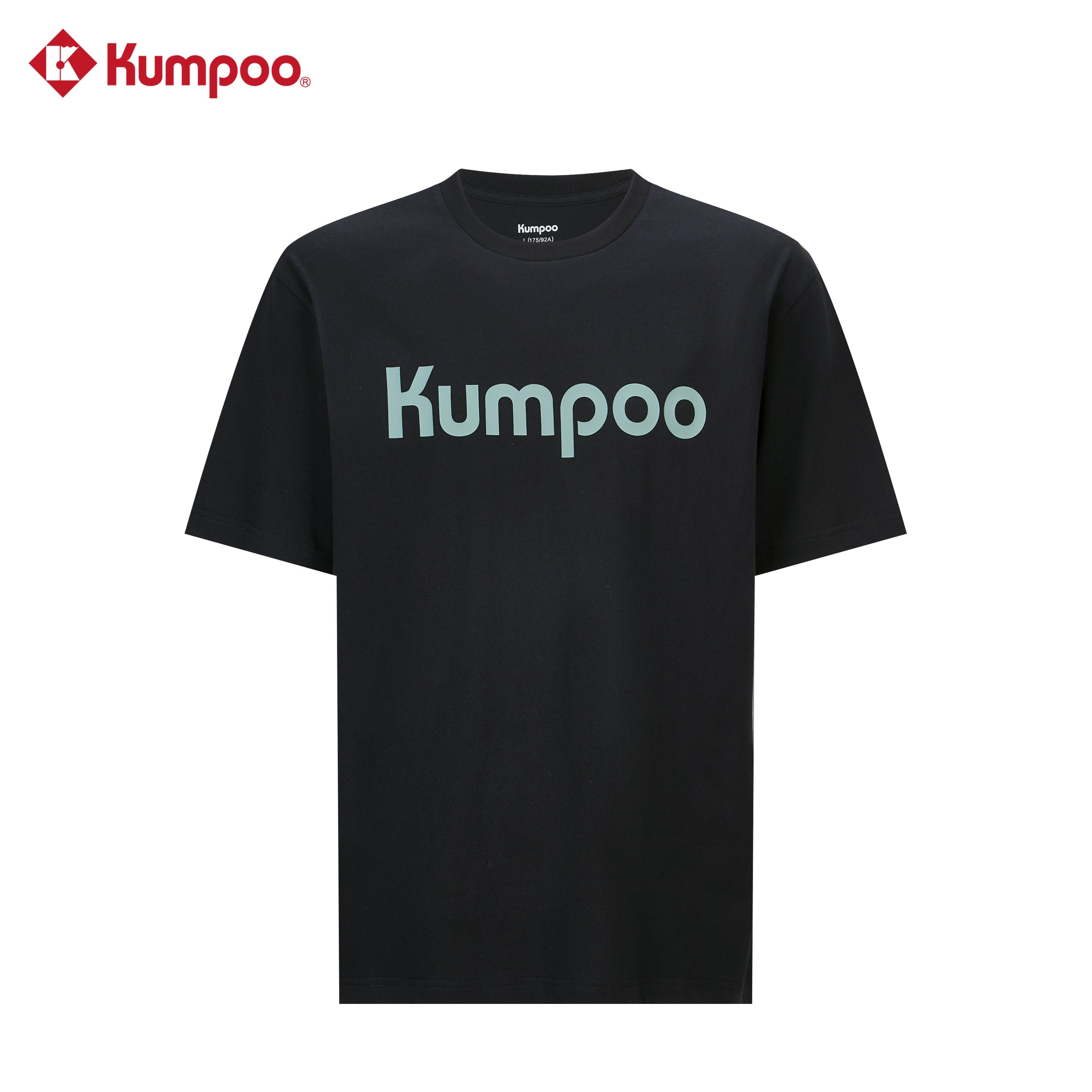 Kumpoo K261M-1173 men's T-shirt in black, featuring a crew neck and short sleeves, displayed on a hanger.