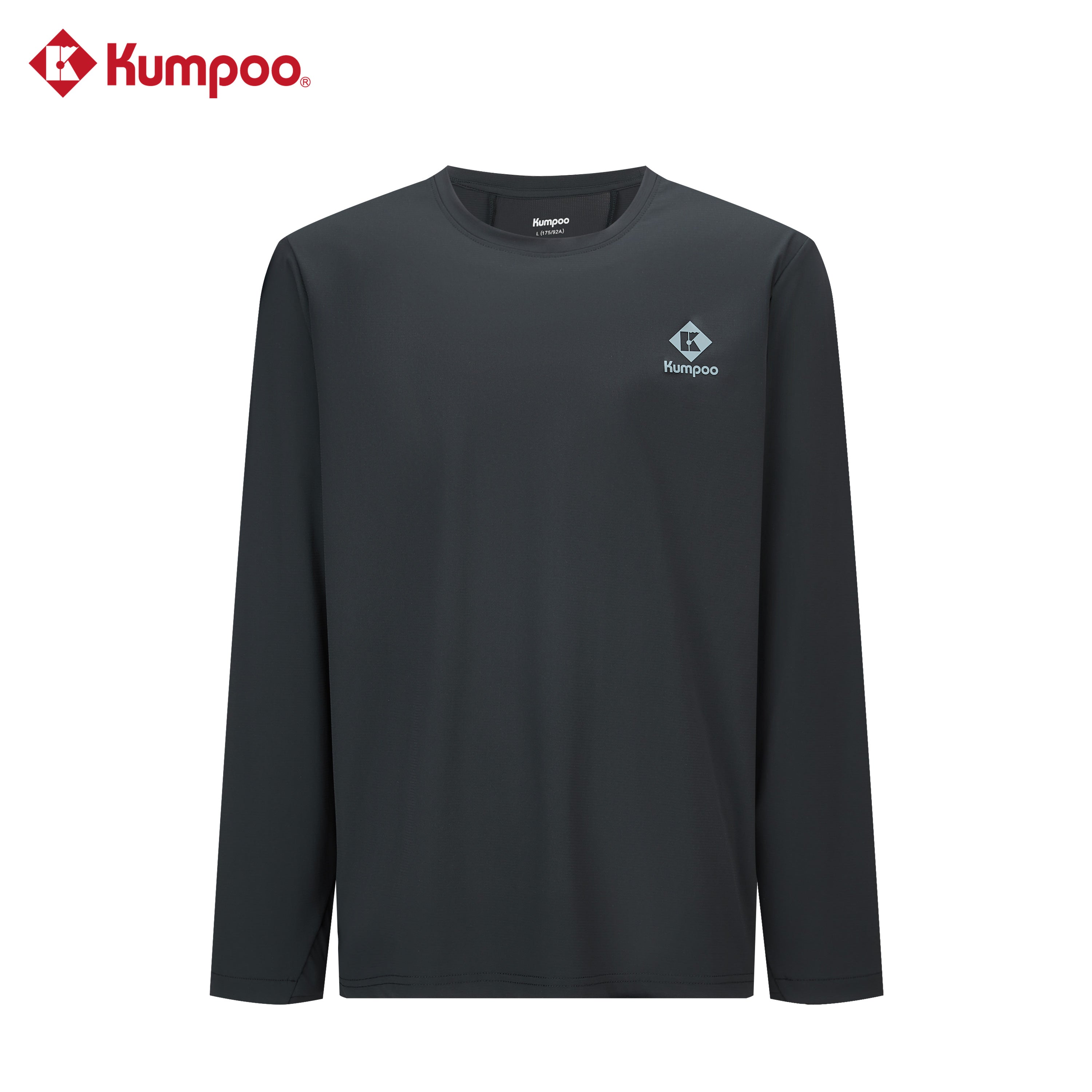Kumpoo K261M-3170 men's T-shirt, casual tops in black with short sleeves and crew neck, displayed on a hanger.