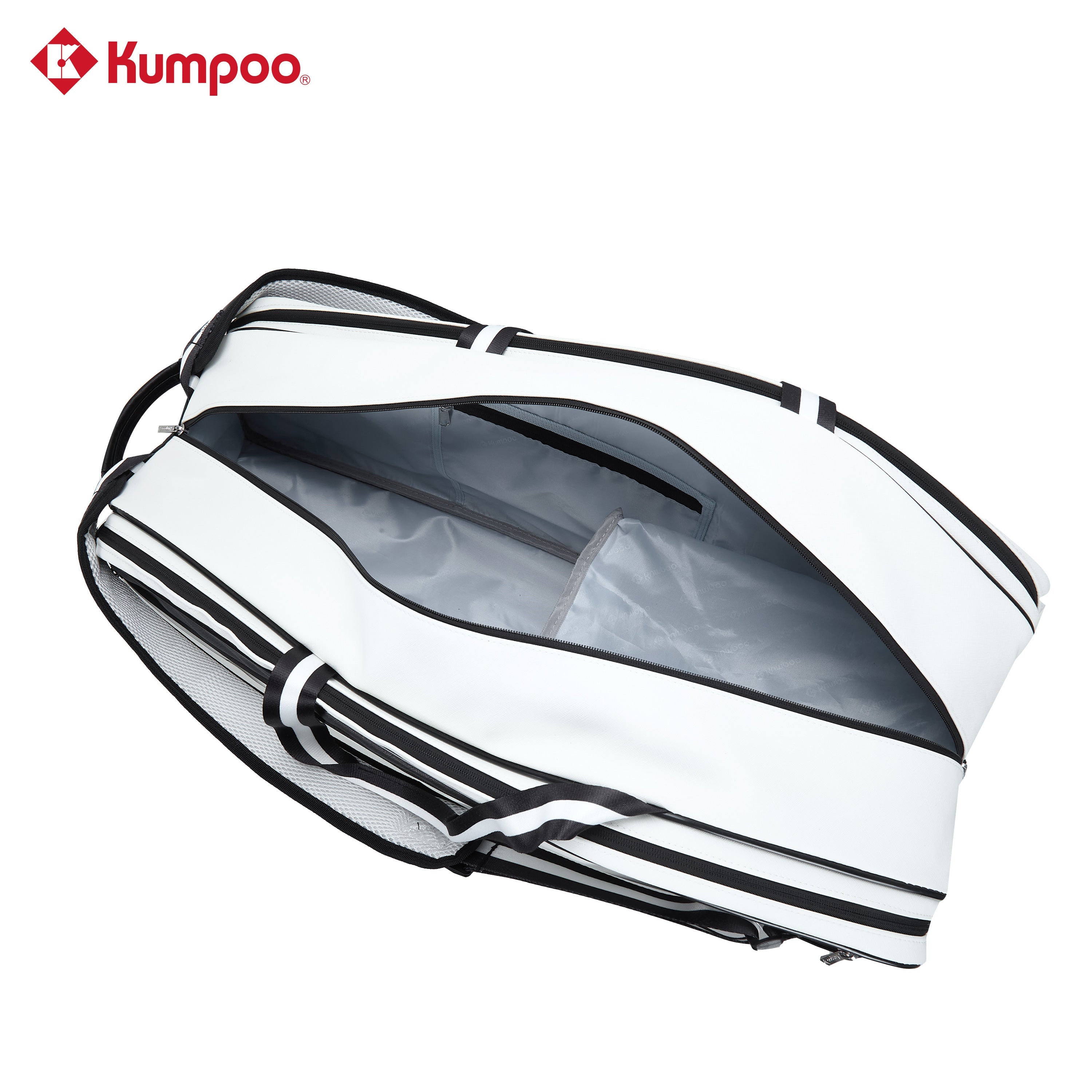 Kumpoo KB-691 badminton bag with multiple compartments and adjustable shoulder straps, designed for carrying badminton rackets and gear.