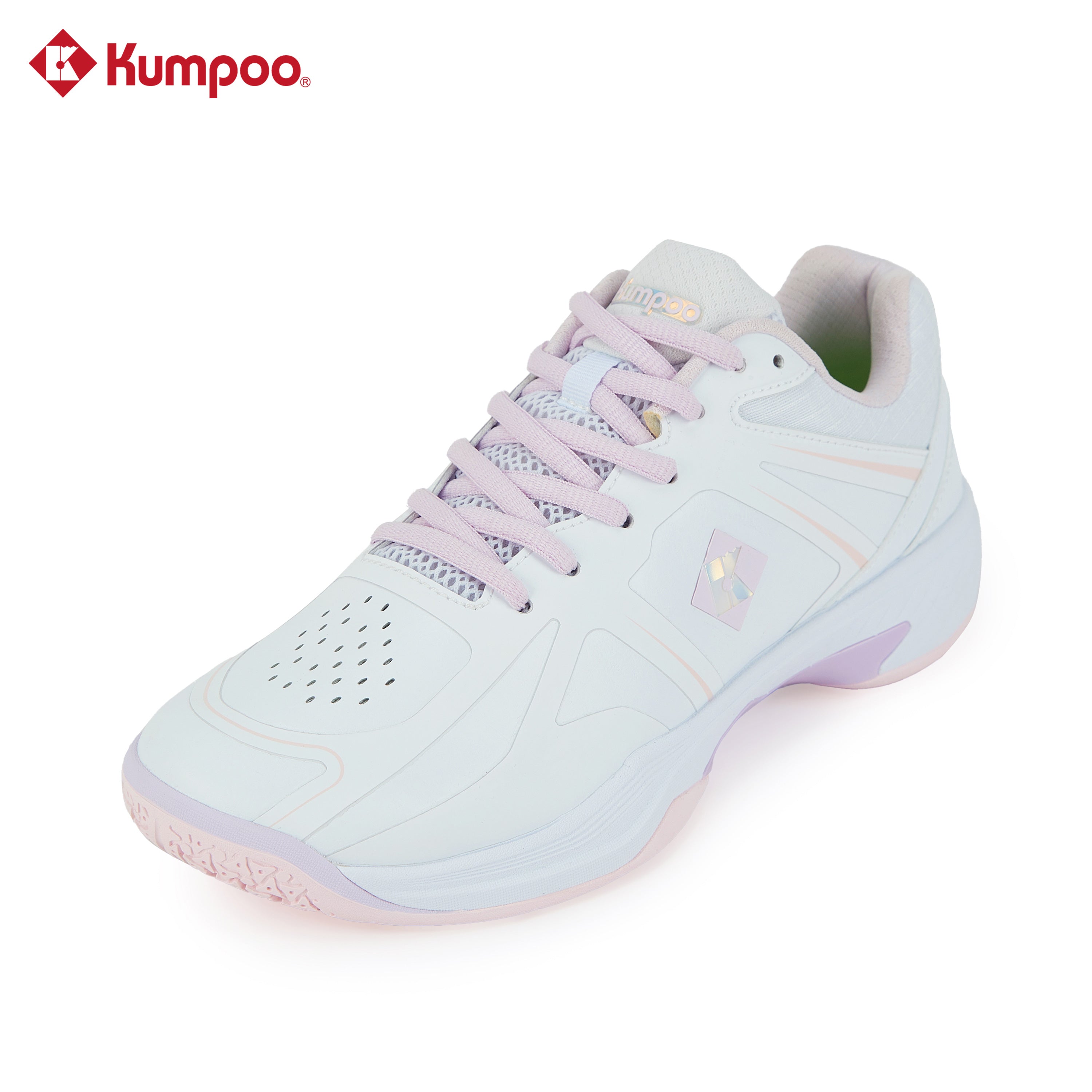 Kumpoo KH-G805 Lite Pro badminton shoes with white and blue design, featuring cushioned soles and breathable mesh upper.